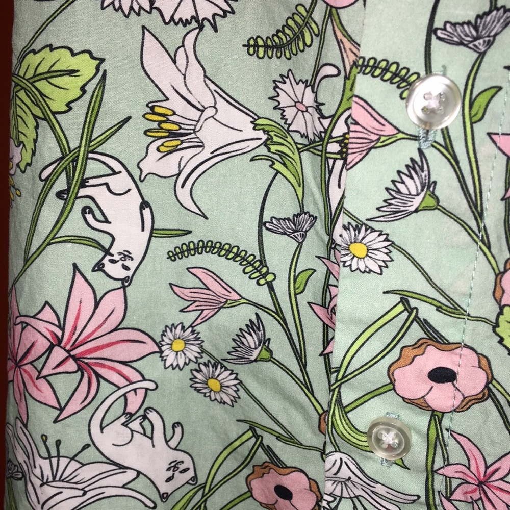 Flowers & Cats Green Button Up Short Sleeve Shirt Size Small 4/6 Cat Lady Blouse - Picture 5 of 9